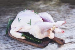 Rosemary Chicken Meat - Fresh Raw Chicken Whole On Wooden Board On Rustic Wood Background Royalty Free Stock Photography