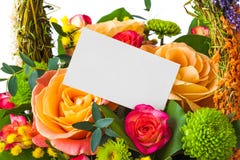 Roses bouquet and paper card Stock Photo Roses bouquet and paper card Stock Photo