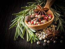 Rosmarin stjärnaanis, vit peppar, rosa peppar royaltyfri foto Rosmarin stjärnaanis, vit peppar, rosa peppar royaltyfri foto