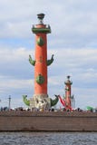 Rostral Column On Vasilyevsky Island In May Day In St. Petersburg Stock Images