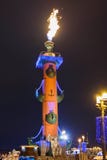 Rostral columns on Vasilyevsky island Spit Strelka at night. Christmas illumination. Saint Petersburg, Russia Stock Image Rostral columns on Vasilyevsky island Spit Strelka at night. Christmas illumination. Saint Petersburg, Russia Stock Image