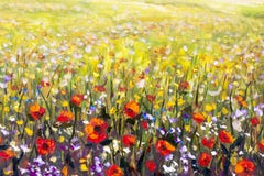 Rote Grafik des Gelbs, Purpurroter und weißer des Mohnblumenblumenfeldes der Blumen des Ölgemäldes, vektor abbildung Rote Grafik des Gelbs, Purpurroter und weißer des Mohnblumenblumenfeldes der Blumen des Ölgemäldes, vektor abbildung