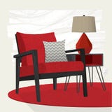 Roter Klubsessel und Tischlampe der Wohnzimmerszene Stockbild Roter Klubsessel und Tischlampe der Wohnzimmerszene Stockbild