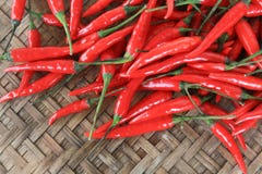 Roter würziger Chili Peppers auf Korbwarenhintergrund Stockfotos Roter würziger Chili Peppers auf Korbwarenhintergrund Stockfotos