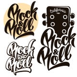 Rots - en - de emblemen van de broodjesmuziek, etiketten, kentekens het van letters voorzien stock illustratie Rots - en - de emblemen van de broodjesmuziek, etiketten, kentekens het van letters voorzien stock illustratie
