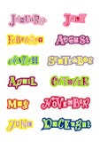 Rotulação colorida decorativa dos meses do ano com letras diferentes com esboços coloridos no fundo branco ilustração stock Rotulação colorida decorativa dos meses do ano com letras diferentes com esboços coloridos no fundo branco ilustração stock