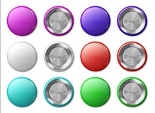 Round badge mockup. Realistic metal labels design template, plastic glossy circle tags, multicolor buttons and pins royalty free illustration Round badge mockup. Realistic metal labels design template, plastic glossy circle tags, multicolor buttons and pins royalty free illustration