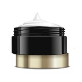 Round black plastic jar with gold cap for cosmetics. Open container. Vector mockup template vector illustration Round black plastic jar with gold cap for cosmetics. Open container. Vector mockup template vector illustration