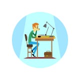 Round illustration of a cartoon character sitting at a laptop in the afternoon royalty free illustration Round illustration of a cartoon character sitting at a laptop in the afternoon royalty free illustration