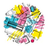 Round Composition With Hand Drawn Sketch Vector Artist Materials. Black And White Stylized Illustration With Color Stains Royalty Free Stock Photo Round Composition With Hand Drawn Sketch Vector Artist Materials. Black And White Stylized Illustration With Color Stains Royalty Free Stock Photo