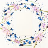 Round Floral Frame Blue And Pink Flowers And Card On White Background. Flat Lay, Top View. Blog, Social Media Or Website Backgroun Royalty Free Stock Photo