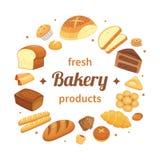 Round piekarni produktów etykietka Świeży piec chleb, pumpernikla śniadania rolki i pieczenie, próżnujemy Chleb etykietki wektoro royalty ilustracja Round piekarni produktów etykietka Świeży piec chleb, pumpernikla śniadania rolki i pieczenie, próżnujemy Chleb etykietki wektoro royalty ilustracja