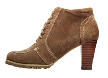 Round toe suede boot. Round toe suede ankle boot with high heel in beige brown colour isolated on white stock photo Round toe suede boot. Round toe suede ankle boot with high heel in beige brown colour isolated on white stock photo