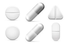 Round white cure pills, aspirin, antibiotics and painkiller drugs. Pain treatment pill and pharmaceutical drug vector