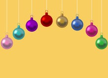 Row colorful Christmas ball ornament hanging on yellow background. picture copy space for art work design ad or add text message. vector illustration Row colorful Christmas ball ornament hanging on yellow background. picture copy space for art work design ad or add text message. vector illustration