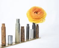 Row of Small Used Bullet Casings with Single Orange Yellow Ranun Stock Photos Row of Small Used Bullet Casings with Single Orange Yellow Ranun Stock Photos