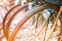 Row Of Parked Vintage Bicycles Bikes For Rent On Royalty Free Stock Image