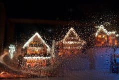 Rows of Christmas ginger bread house behind dews glass. stock images Rows of Christmas ginger bread house behind dews glass. stock images