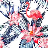 Roze waterverfflamingo en blauwe palmbladen tropische naadloos royalty-vrije illustratie Roze waterverfflamingo en blauwe palmbladen tropische naadloos royalty-vrije illustratie