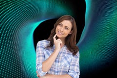 Rozważna kobieta umieszcza jej palec na jej podbródku Obraz Royalty Free Rozważna kobieta umieszcza jej palec na jej podbródku Obraz Royalty Free