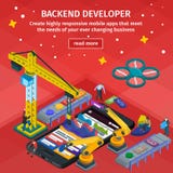 Rozwija mobilny zastosowania mieszkania 3d isometric styl Ludzie w ilustracji Rozwija mobilny zastosowania mieszkania 3d isometric styl Ludzie w ilustracji