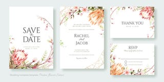 Wedding Invitation, save the date, thank you, rsvp card. Protea flower and Cherry blossom.