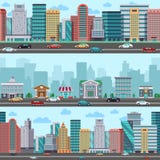 Rua da cidade com carros e construções Projeto urbano panorâmico do envoltório do vetor ilustração stock Rua da cidade com carros e construções Projeto urbano panorâmico do envoltório do vetor ilustração stock