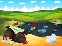 Rubbish in river and on the ground stock illustration Rubbish in river and on the ground stock illustration