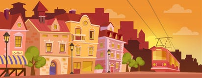 Rue historique de ville de bande dessinée sur le lever de soleil ou le coucher du soleil Vieille bannière de ville avec le tram I illustration libre de droits Rue historique de ville de bande dessinée sur le lever de soleil ou le coucher du soleil Vieille bannière de ville avec le tram I illustration libre de droits