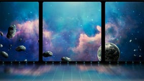 Ruimtescène 3D ruimte met vensters, blauwe nevel, planeet en asteroïden Elementen door NASA worden geleverd die het 3d teruggeven royalty-vrije illustratie Ruimtescène 3D ruimte met vensters, blauwe nevel, planeet en asteroïden Elementen door NASA worden geleverd die het 3d teruggeven royalty-vrije illustratie