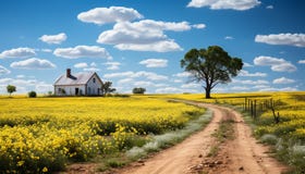 Rural farm landscape, yellow meadow, blue sky generated by AI