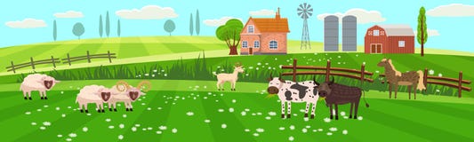 Rural spring landscape countryside with farm field with green grass, flowers, trees. Farmland with house, windmill and stock illustration Rural spring landscape countryside with farm field with green grass, flowers, trees. Farmland with house, windmill and stock illustration