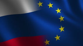 Rusia contra Bandera de unión europea que agita 3d Animación del lazo Rusia contra Bandera de unión europea que agita 3d Animación del lazo