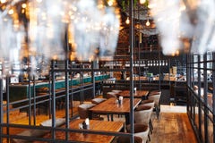 Russia, Moscow, 01.09.2019, Empty Cafe, Restaurant, In A Modern Style, With Wooden Tables And Leather Chairs Stock Photos Russia, Moscow, 01.09.2019, Empty Cafe, Restaurant, In A Modern Style, With Wooden Tables And Leather Chairs Stock Photos