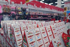 Russia, Murmansk-December 25, 2018: Kinder Christmas gift sets on supermarket Lenta shelves stock images Russia, Murmansk-December 25, 2018: Kinder Christmas gift sets on supermarket Lenta shelves stock images