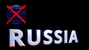 Russia, Syzran - FEBRUARY 27, 2022: Russia and the crossed-out swift sign, animated text on a black background