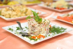 Russian Salad On White Square Plate Royalty Free Stock Image