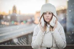 Russian woman in the winter city stock photography Russian woman in the winter city stock photography