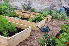 Rustic Country Vegetable & Flower Garden with Raised Beds, Spade, Watering Can & Composters