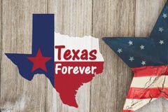 A rustic old Texas Forever message. Texas flag in shape of map with American star on weathered wood background with text Text Forever royalty free stock photo A rustic old Texas Forever message. Texas flag in shape of map with American star on weathered wood background with text Text Forever royalty free stock photo