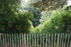 Rustic wooden fence barrier from the forest beyond Royalty Free Stock Photography Rustic wooden fence barrier from the forest beyond Royalty Free Stock Photography