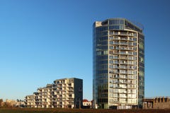 Rzeszow, Poland - 10 18 2018: Construction of a high multi-storey building. Skyscraper furnished with metal scaffolding. Dangerous royalty free stock image Rzeszow, Poland - 10 18 2018: Construction of a high multi-storey building. Skyscraper furnished with metal scaffolding. Dangerous royalty free stock image