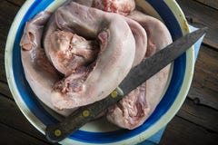 Rå griskötttungor på en tappningbunke Arkivbilder Rå griskötttungor på en tappningbunke Arkivbilder