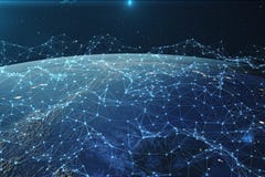 réseau du rendu 3D et d'échange de données au-dessus de la terre de planète dans l'espace Lignes de connexion autour de globe de illustration libre de droits réseau du rendu 3D et d'échange de données au-dessus de la terre de planète dans l'espace Lignes de connexion autour de globe de illustration libre de droits