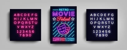 Rétro calibre de néon de conception de typographie de carte postale de festival de film Néon de style de brochure, enseigne au né illustration stock Rétro calibre de néon de conception de typographie de carte postale de festival de film Néon de style de brochure, enseigne au né illustration stock