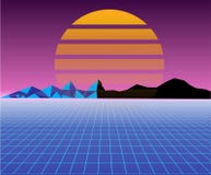 Rétro paysage du soleil 80s futuriste style du fond 80s de la science fiction Approprié à toute conception d'impression dans le s Image stock Rétro paysage du soleil 80s futuriste style du fond 80s de la science fiction Approprié à toute conception d'impression dans le s Image stock