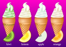 Różni typy lody w gofr filiżankach: kiwi, cytryna, jabłko, pomarańcze ilustracji Różni typy lody w gofr filiżankach: kiwi, cytryna, jabłko, pomarańcze ilustracji
