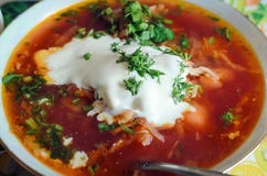 Röd ukrainsk borsch med gräddfil och örter Närbild royaltyfri foto Röd ukrainsk borsch med gräddfil och örter Närbild royaltyfri foto