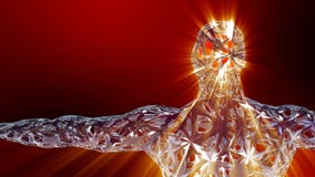 Röntgenstraal holografisch menselijk lichaam met glanzende hersenen en lichte stralen het gloeien royalty-vrije illustratie Röntgenstraal holografisch menselijk lichaam met glanzende hersenen en lichte stralen het gloeien royalty-vrije illustratie