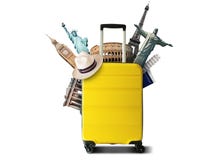 Saco amarelo do curso com marco do mundo imagens de stock Saco amarelo do curso com marco do mundo imagens de stock